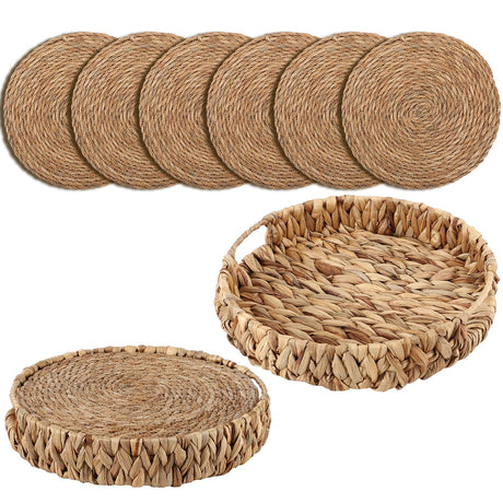 Cattail Woven Placemats Set of 6 and Storage Basket, 12 Inch Farmhouse Plate Chargers Set with Rattan Wicker Holder, Braided Straw Table Mats for Dining Table, Fall, Party, Thanksgiving, Christmas BSSN