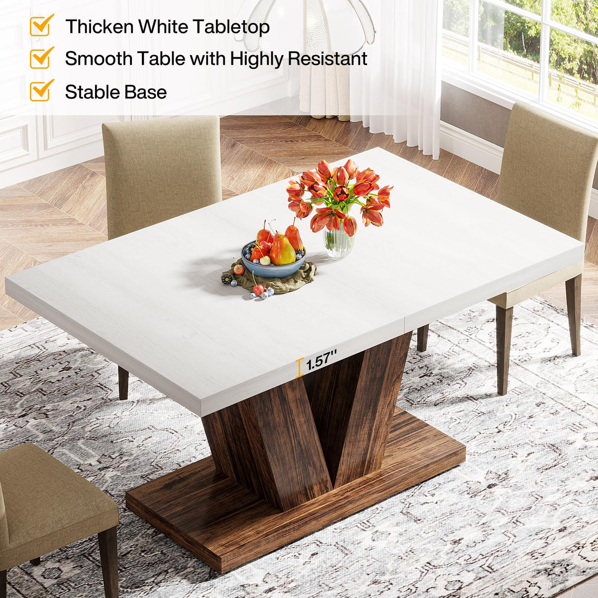 Tribesigns 47-Inch Dining Table for 4, White Kitchen Dinner Table with Heavy Duty Pedestal, Farmhouse Wooden Eating Table for Home, Dining Room, Small Space, White & Brown Tribesigns