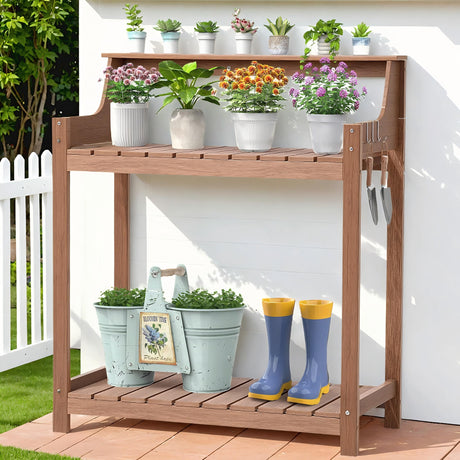 ONBRILL HDPS Potting Bench, All Weather Potting Table with 8 Hooks and Highten Tabletop, Easy Assembly Garden Work Bench, Outdoor Potting Benches for Outside Patio Lawn, 360LBS Capacity, Teak ONBRILL