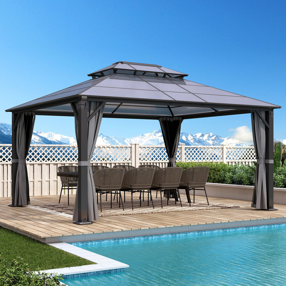 GARTOO 12x14FT Polycarbonate Hardtop Gazebo with Double Roof - Heavy-Duty Steel Frame Gazebo with Breathable Netting & Privacy Curtain for Patio, Porch, Garden, Lawn, Deck, Backyard GARTOO