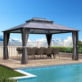 GARTOO 12x14FT Polycarbonate Hardtop Gazebo with Double Roof - Heavy-Duty Steel Frame Gazebo with Breathable Netting & Privacy Curtain for Patio, Porch, Garden, Lawn, Deck, Backyard GARTOO