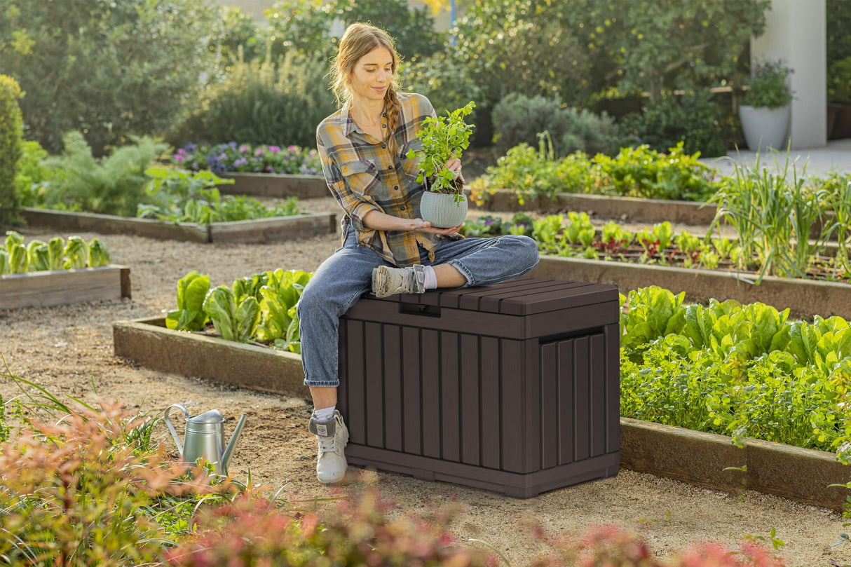 Keter Kentwood 50 Gallon Resin Deck Box-Organization and Storage for Patio Cushions, Throw Pillows and Garden Tools, Brown Keter