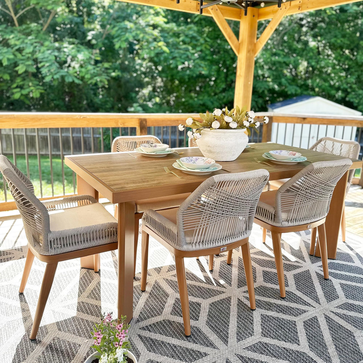 PURPLE LEAF 7 Pieces Dining Set Patio Metal Rectangular Table and Wicker Rattan Chairs for Outside Porch Garden Kitchen Modern Outdoor Furniture Sets PURPLE LEAF