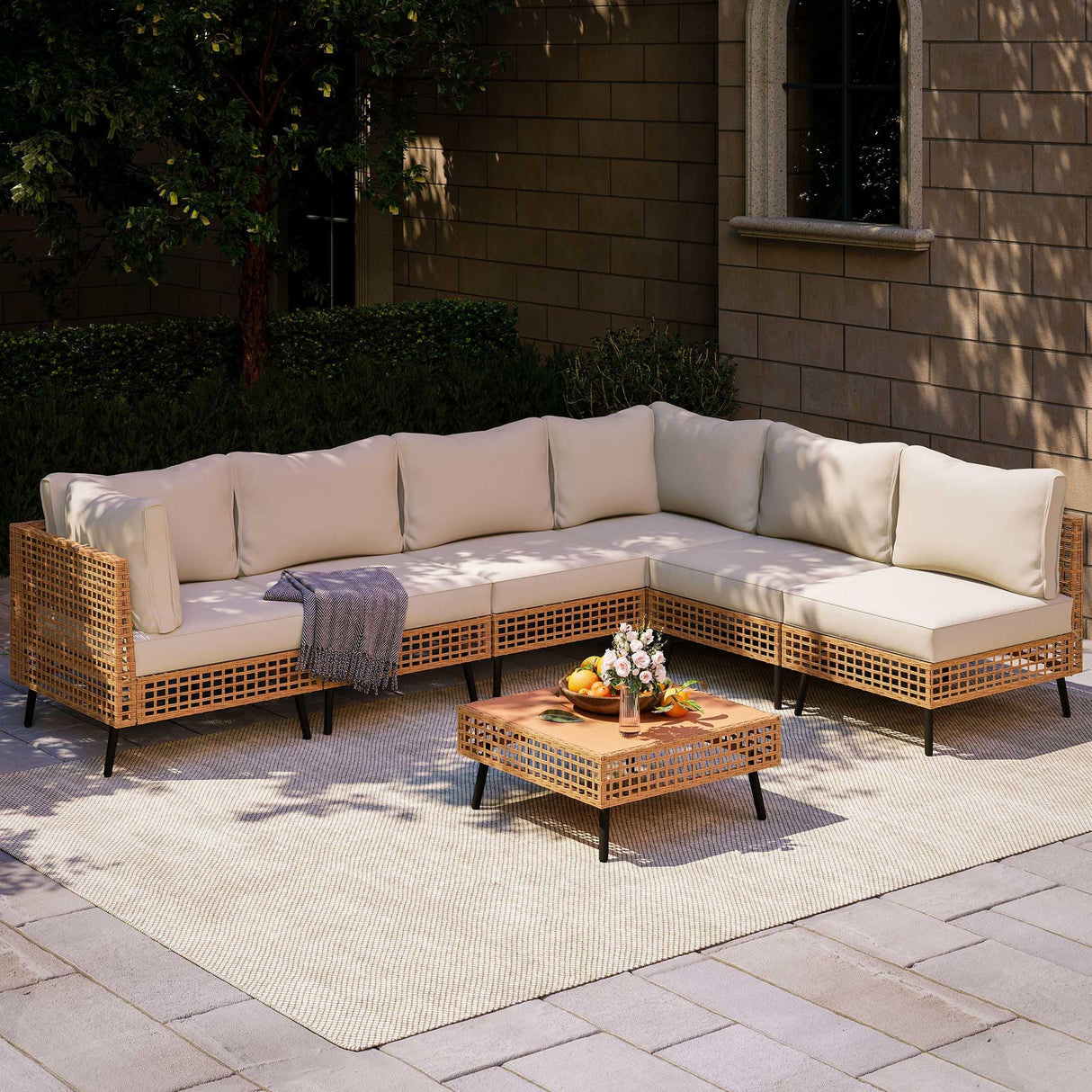 LAUSAINT HOME 7-Piece All-Weather Outdoor Sectional Sofa Set PE Wicker Patio Conversation Set with Thick Cushions & Coffee Table for Garden (Beige) LAUSAINT HOME