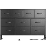 Lulive 10 Drawer Black Dresser for Bedroom, Dresser TV Stand with Power Outlet, Entertainment Center Chest of Drawers for 55'' Long TV, Wide Fabric Dresser for Storage and Organization (Black) Lulive