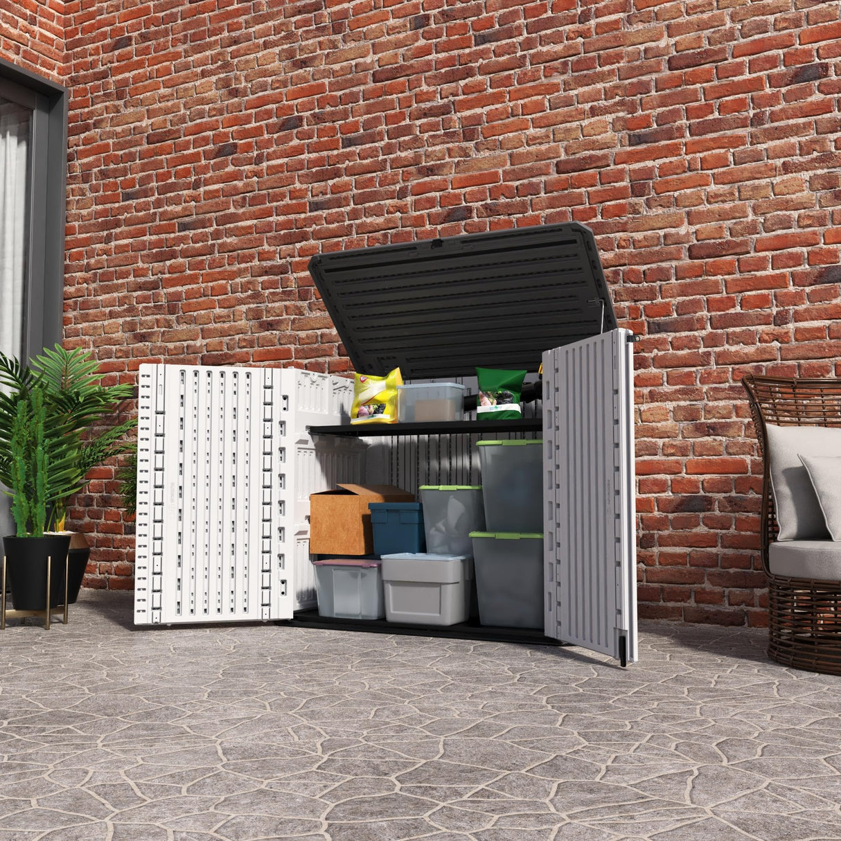 ADDOK Horizontal Storage Shed Outdoor with Floor, Plastic Outdoor Storage Box for Garden Backyard Patio Lawn, 27 Cuft Capacity All-Weather Construction for Bike Lawnmover Trash Can, Off-White ADDOK