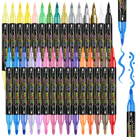 WINSONS 30 Colors Dual Tip Acrylic Paint Markers Pens- Premium Acrylic Paint Markers, Brush & Round Tips, Quick-Drying - For Rock, Canvas, Ceramic, Wood - Gift for Artists & DIY Enthusiasts WINSONS