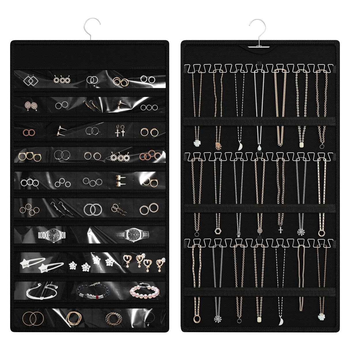 Bosuelife Hanging Jewelry Organizer Storage Roll, Double-Sided Necklaces Holder, 42 Pockets Plus 36 hooks Earrings Organizer Hang in Closet, On Wall, or Doors, Black Bosuelife