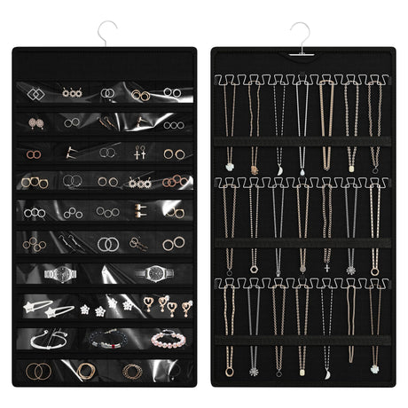 Bosuelife Hanging Jewelry Organizer Storage Roll, Double-Sided Necklaces Holder, 42 Pockets Plus 36 hooks Earrings Organizer Hang in Closet, On Wall, or Doors, Black Bosuelife