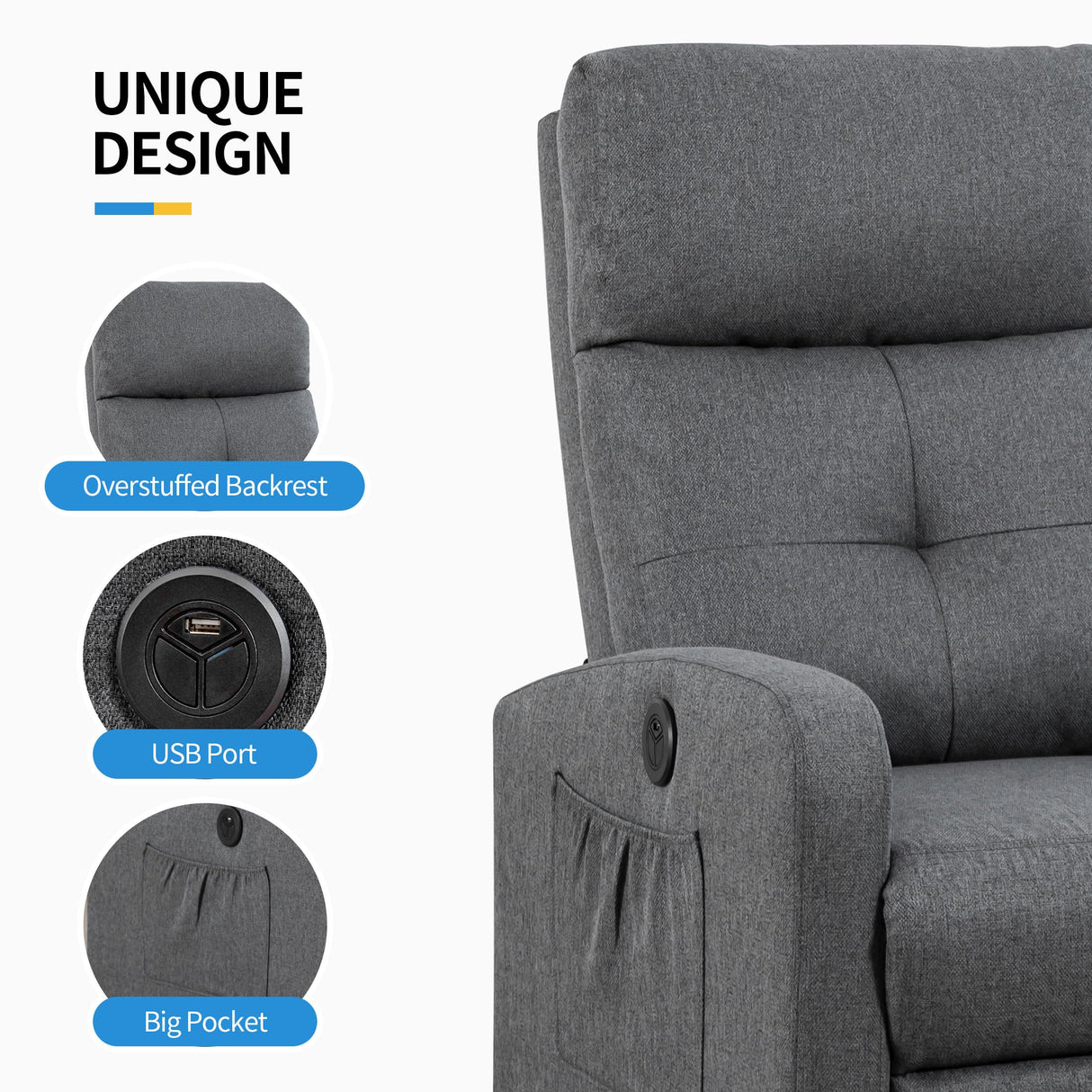 Sftaiyou Power Massage Recliner Chair, Fabric Recliner Chair for Adults, Small Recliner Home Theater Seating with Lumbar Support, Reclining Sofa Chair for Living Room Bedroom(Smoky Grey) Sftaiyou