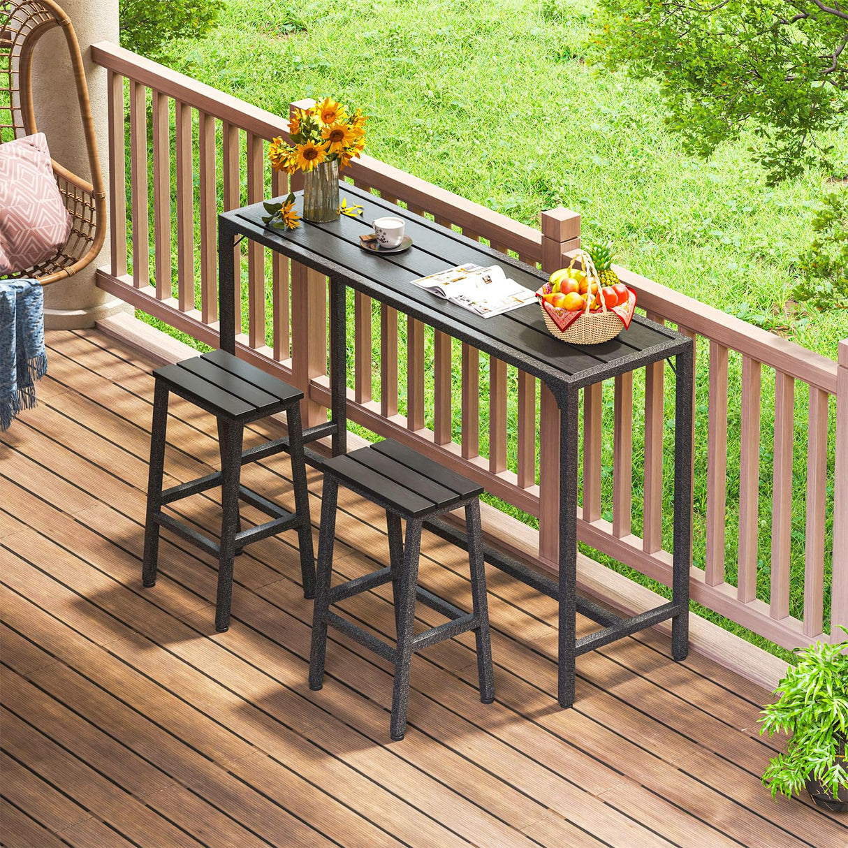 ODK 55 Inch Outdoor Bar Table, Patio Counter Bar Height Table with Weather Resistant Waterproof Top for Garden, Hot Tub, Yard, Balcony, Poolside, Indoor (Black) ODK