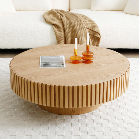 JURMALYN Round Coffee Table Wood Circle Coffee Table for Living Room Contemporary Fluted Coffee Table for Apartment, Easy Assembly ø31.49'', Wood Oak JURMALYN