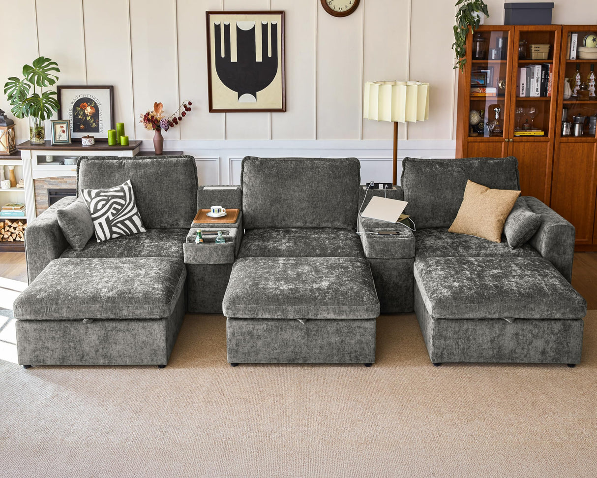 Bedeep Oversized Modular Home Theater Sofa Bed Cloud Couch Sectional, Plush Sleeper Sofa with Versatile Console, Convertible Side Table Charging Storage Cup Holder, Hardware Connected, Chenille, Grey Bedeep