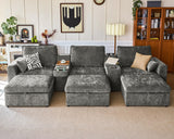 Bedeep Oversized Modular Home Theater Sofa Bed Cloud Couch Sectional, Plush Sleeper Sofa with Versatile Console, Convertible Side Table Charging Storage Cup Holder, Hardware Connected, Chenille, Grey Bedeep