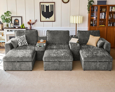 Bedeep Oversized Modular Home Theater Sofa Bed Cloud Couch Sectional, Plush Sleeper Sofa with Versatile Console, Convertible Side Table Charging Storage Cup Holder, Hardware Connected, Chenille, Grey Bedeep