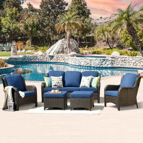 ovios Patio Furniture Set, 5 Piece Outdoor Wicker High Back Sofa with Comfy Cushions Ottomans, All Weather Conversation Set, Brown Rattan Navy Blue ovios