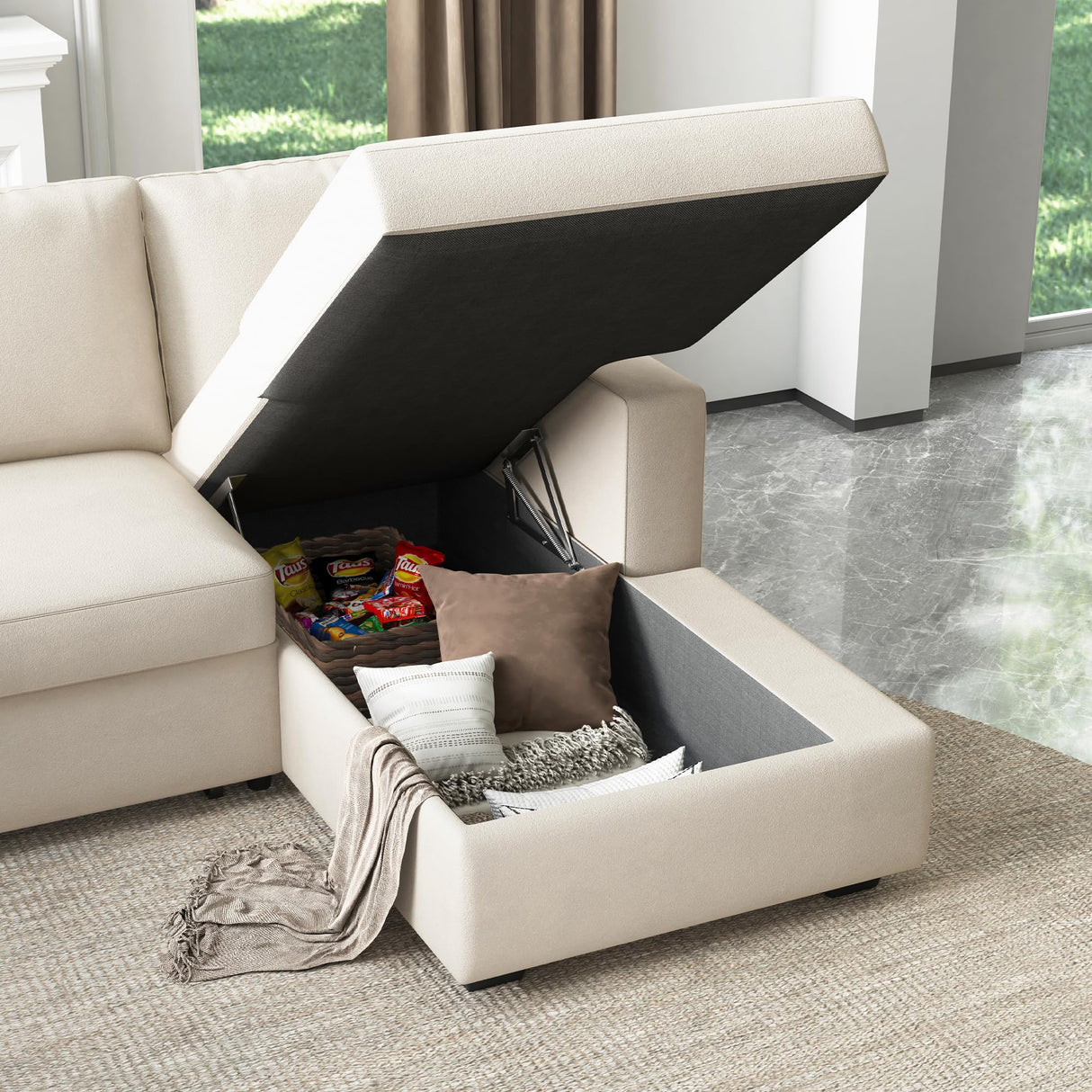 HONBAY Sectional Couch with Pull Out Bed, Sectional Sleeper Sofa with Storage, U Shape Sectional Couches for Living Room,Velvet Beige HONBAY