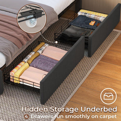 Modern Dark Grey LED Platform Bed Frame with 4 Storage Drawers and USB Charging Stations - WoodArtSupply