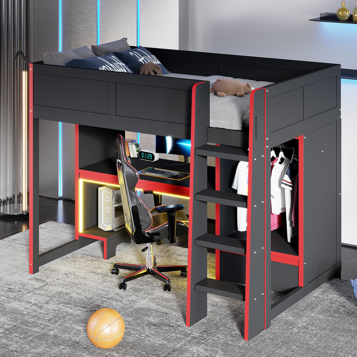 SOFTSEA Twin Gaming Loft Bed with Desk & Lights, Wood Loft Bed with Storage Wardrobe and Drawer, Loft Beds with Desk for Kids Teens Adults, Black + Red SOFTSEA
