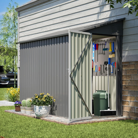 YOPTO 4x8 FT Lean to Metal Shed,Outdoor Storage Shed W/Floor Frame & Reversible Installation,All Weather Waterproof Garden Tool House W/Lockable Door & 2 Air Vents,for Backyard,Patio,Lawn,Gray YOPTO