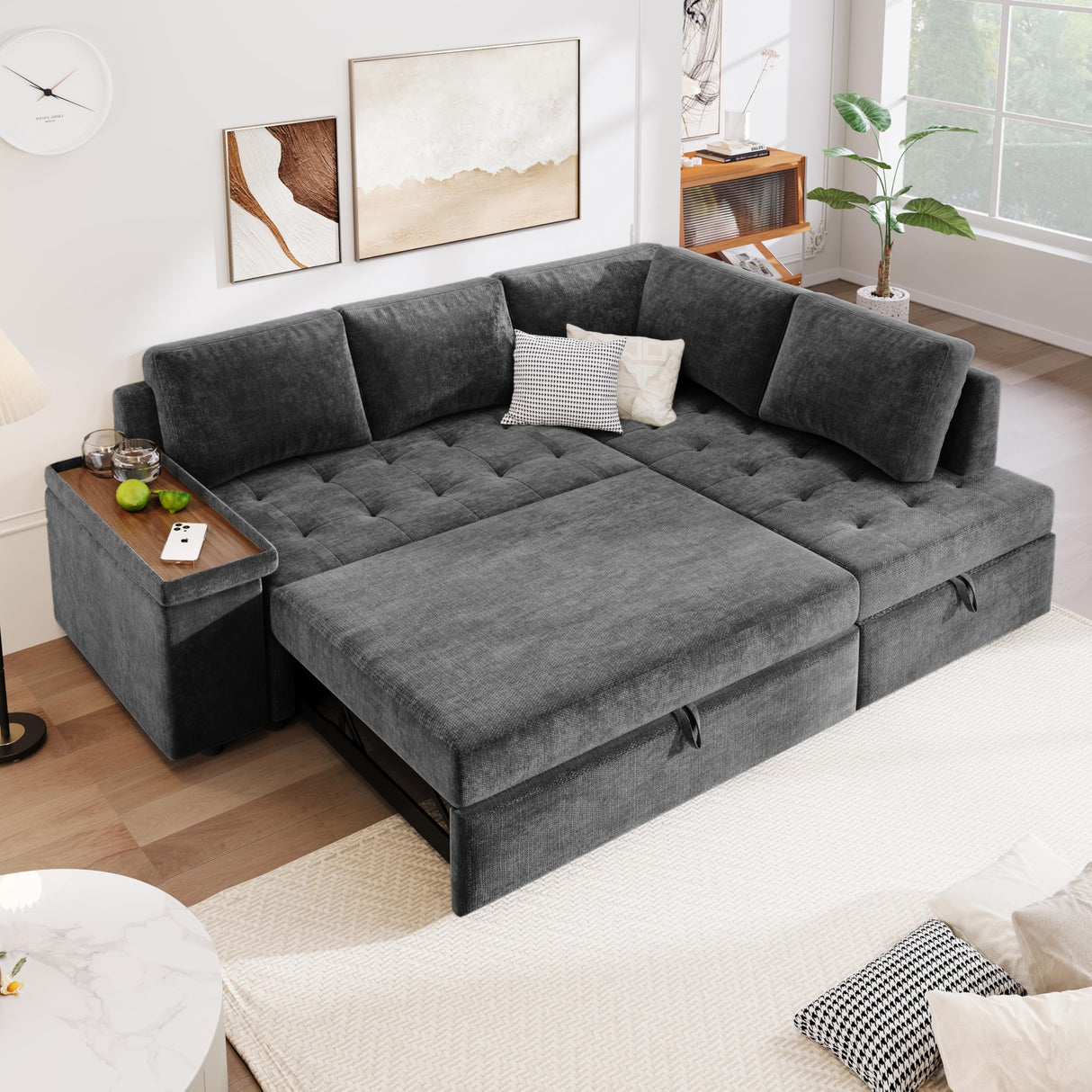 Merax Modular Sectional Sleeper Sofa with Pull Out Bed and Storage Seats, Modern L Shaped Couch & Multifunctional Wide Armrest for Living Room, Apartments, Office, Grey Merax