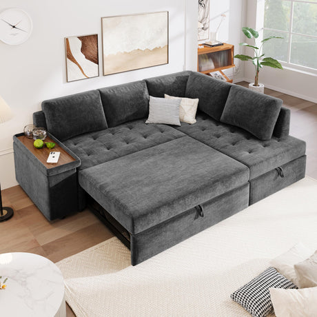 Merax Modular Sectional Sleeper Sofa with Pull Out Bed and Storage Seats, Modern L Shaped Couch & Multifunctional Wide Armrest for Living Room, Apartments, Office, Grey Merax