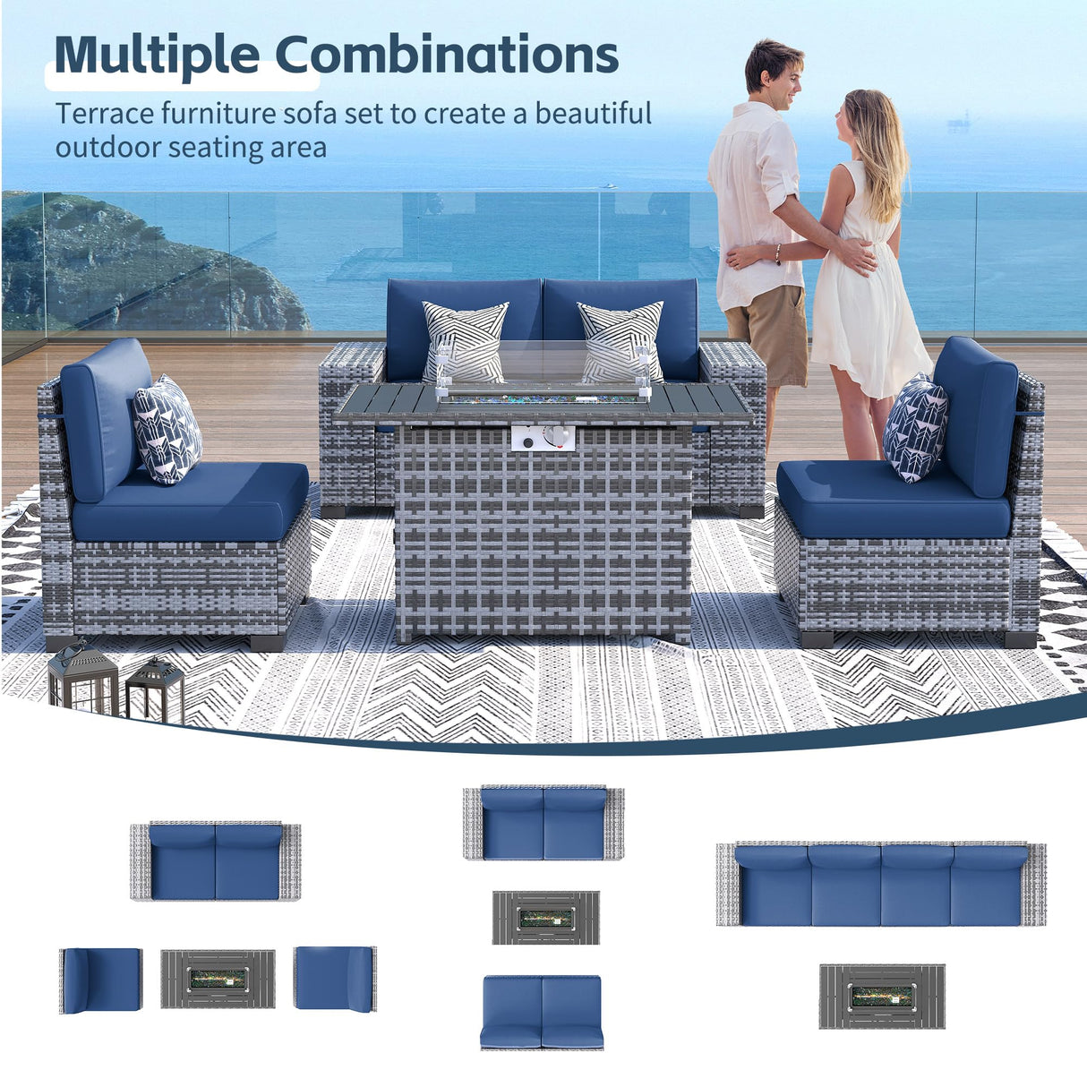 UDPATIO 7 Piece Patio Furniture Set with Fire Pit Table, 8''Wide Armrest Modular Rattan Outdoor Sectional Sofa Set,Wicker Patio Conversation Sets for Backyard,Deck w/ 4'' Cushions,Cover(Grey/Blue) UDPATIO