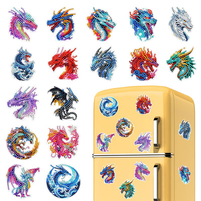 CRASHOT Dragon Diamond Art Magnet Kit: 16pcs Cool Dragon Diamond Painting Refrigerator Magnets for Adults & Beginners, Craft Set with Vibrant Colors, Home & Office Decor, Fun DIY Crafts