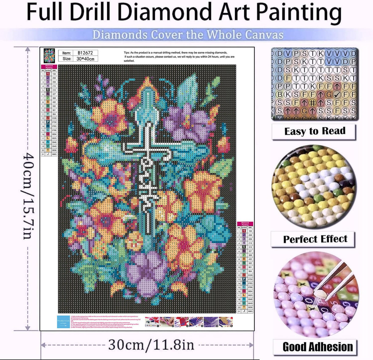 Cross Flowers Diamond Painting Kits for Adults Beginners - Christ Crosses Diamond Art Kits for Adults, Full Drill DIY 5D Diamond Painting Flowers Gem Art Crafts Kits for Home Wall Decor 12x16 inch Meothan