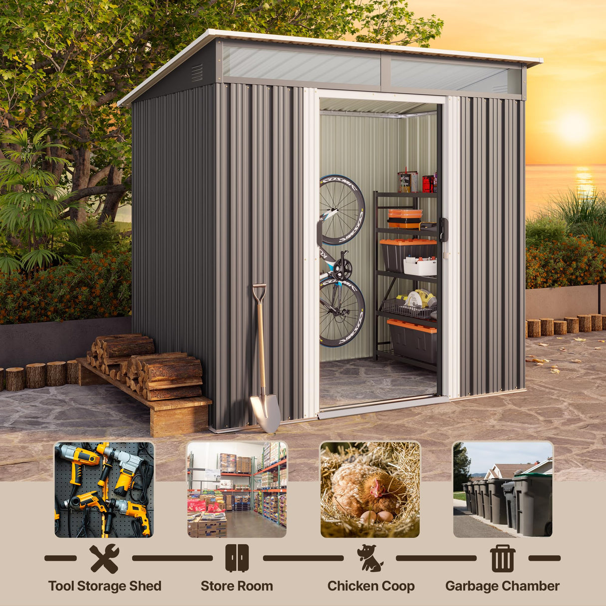 Gizoon 6'x4' Outdoor Storage Shed Metal Garden Shed with Sliding Lockable Doors, Versatile Tool Bike Shed with Transparent Panel Windows, Outdoor Storage Clearance for Backyard, Patio, Dark Gray Gizoon