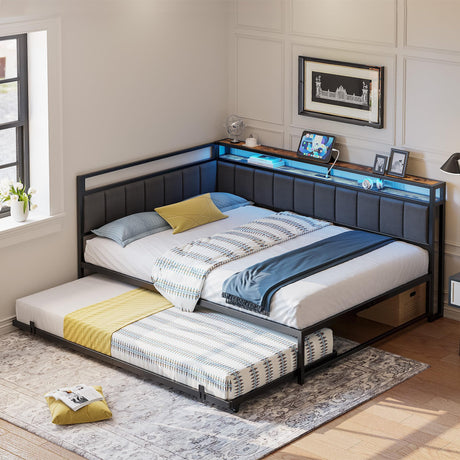 LIKIMIO Corner Twin Bed Frame with Trundle, Upholstered Storage Headboard & LED Lights, Twin Size Daybed with Charging Station, Sturdy Platform Metal Frame for Living Room, Bedroom, Guest Room, Gray LIKIMIO