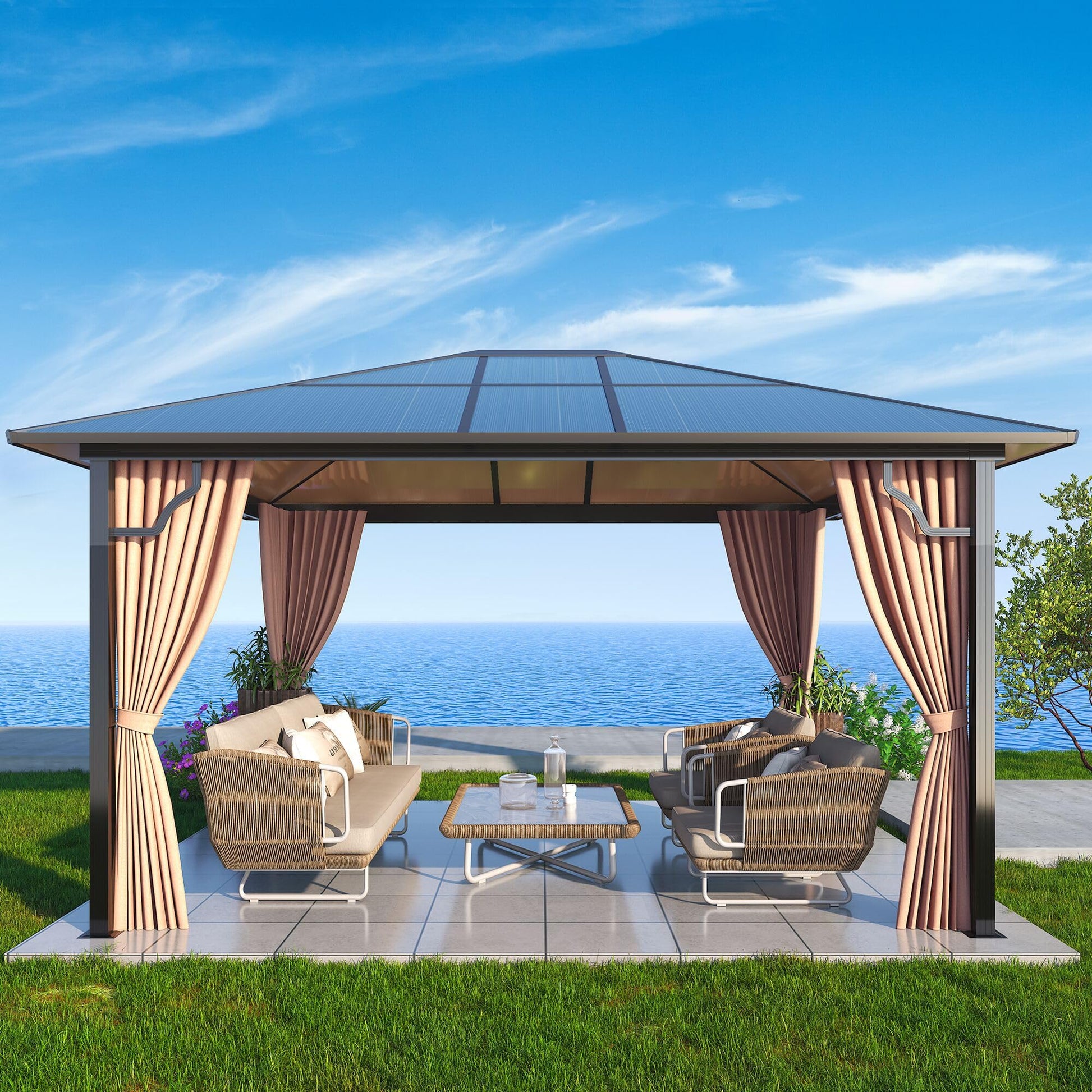 GARTOO 10' x 12' Polycarbonate Hardtop Gazebo - Sunroom Aluminum Frame Permanent Pavilion with Double Curtains for Garden, Lawn, Outdoor Party, Backyard Deck - WoodArtSupply