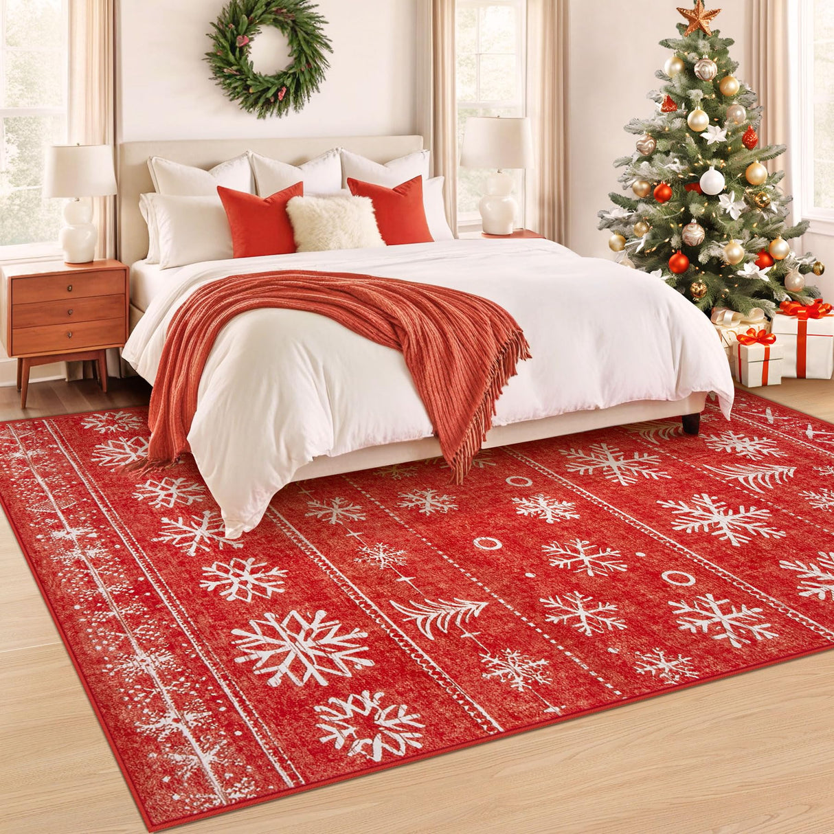 Christmas Area Rug 6x9 Rugs: Washable Living Room Rug Xmas Holiday Decor Rugs Snowflake Low Pile Boho Rug Indoor Floor Carpet for Bedroom Kitchen Dining Room Home(Xmas Red, 6'x9') Zomfy