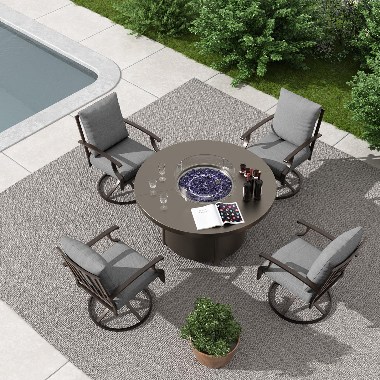Trumbeak 5 Piece Metal Outdoor Patio Furniture Set with 48"/55000 BTU Round Fire Pit Table,Outdoor Dining Table Set 4 Swivel Chairs No-Slip Cushions and Waterproof Covers,Grey Trumbeak