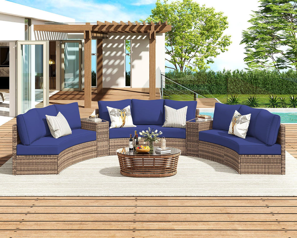 LUXOAK Patio Furniture Sets, 3 Piece Half-Moon Sectional Round Sofa Set, Outdoor Patio Furniture with Cushions for Beach, Pool, Balcony, Blue LUXOAK