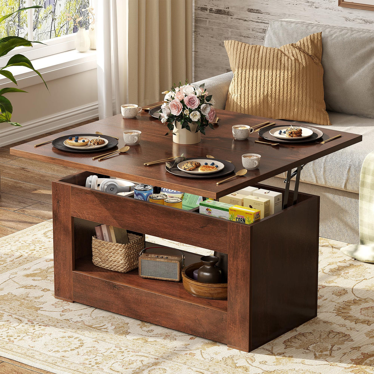 UNIQUITE 40" Lift Top Coffee Table, 4 in 1 Multi-Function Lift Coffee Table with Storage and Hidden Compartment, Convertible Coffee Tables to Dining Table for Living Room, Walnut UNIQUITE