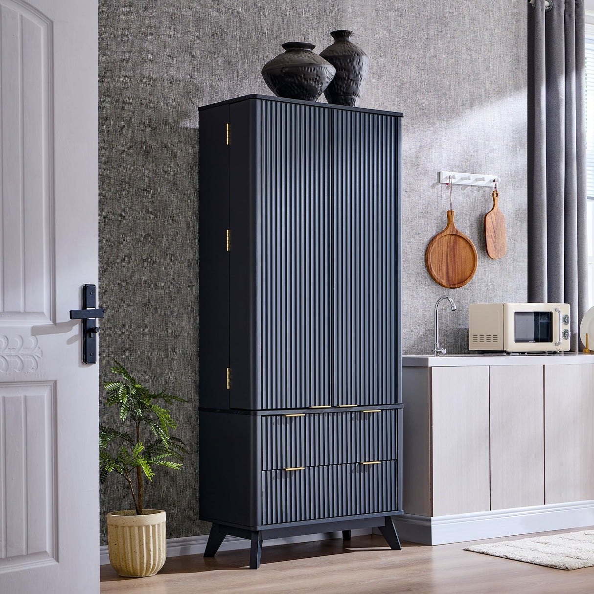 OKD 72" Pantry Cabinet, Fluted Modern Kitchen Hutch, Tall Storage Cabinet with 10 Door Shelves & 2 Drawers, Wood Cupboard for Kitchen & Living Room, Dark Grey OKD