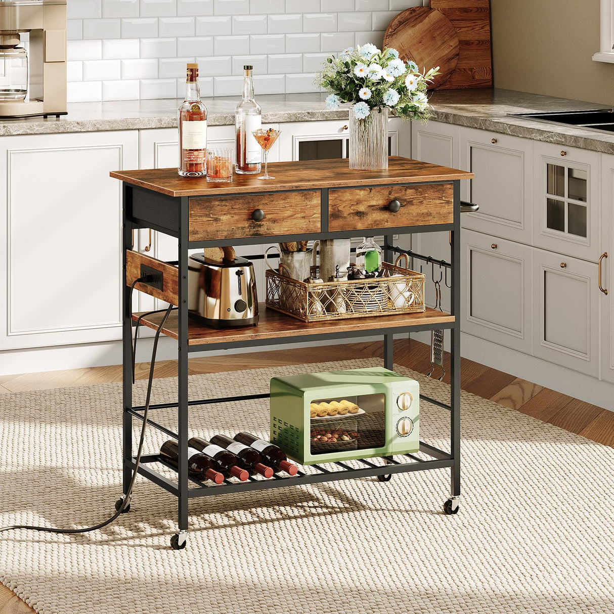 HOOBRO Kitchen Island with Storage, Rolling Island Cart for Kitchen with 2 Drawers & Outlet, 3 Tier Coffee Station and Microwave Stand, Kitchen Island Table for Home, Rustic Brown and Black BF08UZD01 HOOBRO
