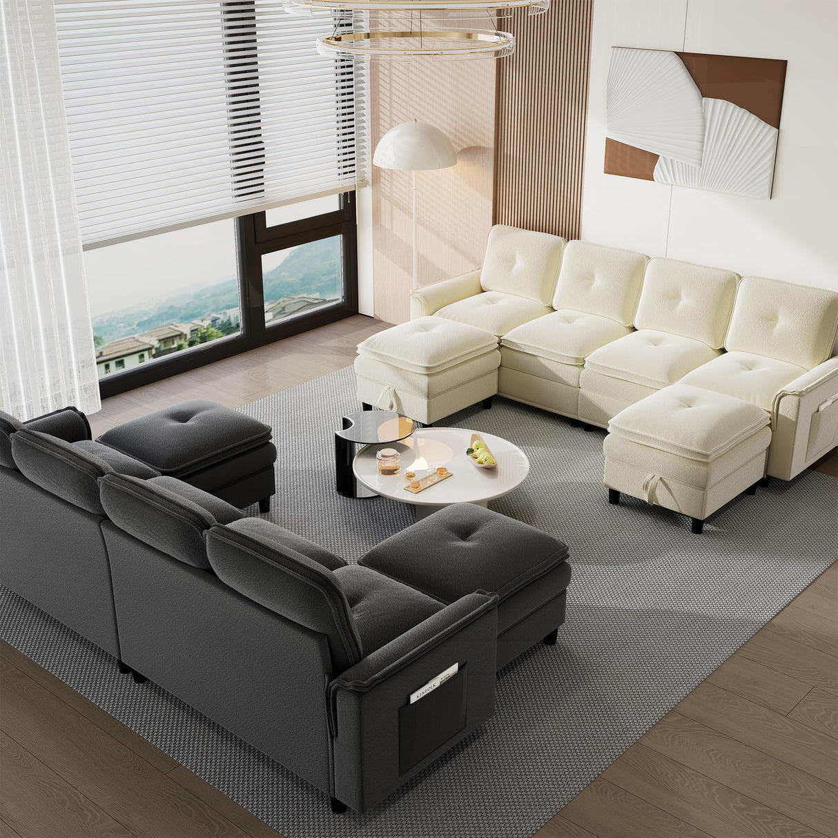 Vlsrka 100" Modular Sectional Cloud Couch with Storage Ottoman, 4-Seater Teddy Velvet Deep Seat Modern Sofa with Removable Cushion for Living Room, Bedroom and Apartment (Dark Grey) Vlsrka