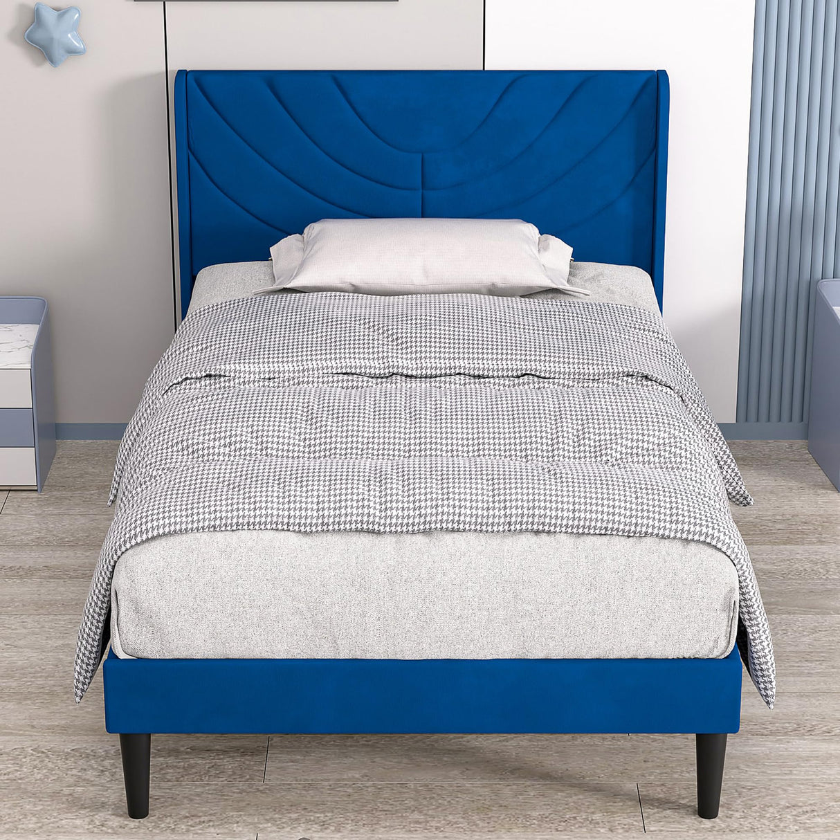 VECELO Twin Upholstered Platform Bed Frame with Fabric Headboard,Wooden Slats Support/No Box Spring Needed/Mattress Foundation,Dark Blue VECELO