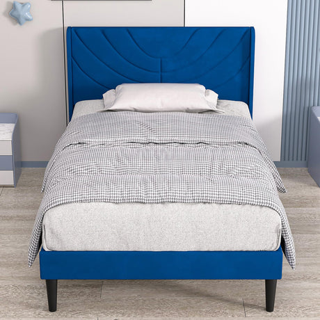 VECELO Twin Upholstered Platform Bed Frame with Fabric Headboard,Wooden Slats Support/No Box Spring Needed/Mattress Foundation,Dark Blue VECELO