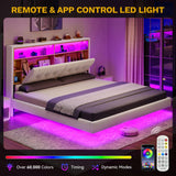 DWVO King Size Floating Bed Frame with RGB LED Lights, Bookcase Storage Headboard Beds with Charging Station, Upholstered Platform with Heavy Duty Wood Slat, No Box Spring Needed, Beige DWVO