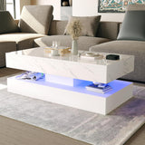 HOMFAMILIA LED Coffee Table with 2 Storage Drawers, Modern High Gloss White Coffee Table w/20 Colors LED Lights, 2 Tiers Rectangle Center Table for Living Room with Marbling Print, APP Control, White HOMFAMILIA