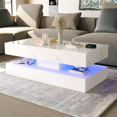 HOMFAMILIA LED Coffee Table with 2 Storage Drawers, Modern High Gloss White Coffee Table w/20 Colors LED Lights, 2 Tiers Rectangle Center Table for Living Room with Marbling Print, APP Control, White