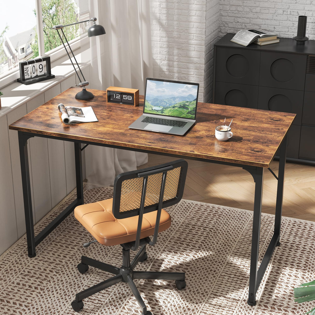 Huuger Computer Desk, 48 Inch Office Desk, Gaming Desk with Storage, Writing Desk Work Desk for Home Office, Study, Modern Simple Desk, Large Legroom, Metal Frame, Rustic Brown Huuger