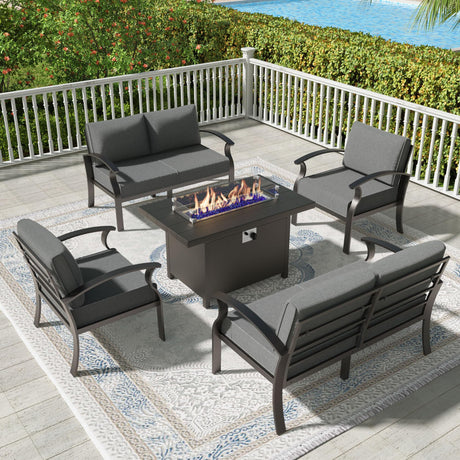 Trumbeak Aluminum Patio Furniture Set with 55,000 BTU Propane Fire Pit Table,6 Seats Metal Modern Outdoor Furniture w/5.1" Cushions,Patio Sectional w/Fire Pit for Patio,Backyard,Grey Trumbeak