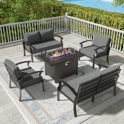 Trumbeak Aluminum Patio Furniture Set with 55,000 BTU Propane Fire Pit Table,6 Seats Metal Modern Outdoor Furniture w/5.1" Cushions,Patio Sectional w/Fire Pit for Patio,Backyard,Grey