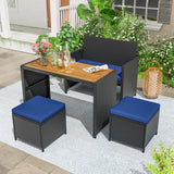 Tangkula 4 Pieces Patio Dining Set, Space Saving PE Rattan Loveseat with Acacia Wood Top Dining Table, Storage Ottomans & Soft Cushions, Outdoor Sectional Conversation Set (Navy Blue) Tangkula