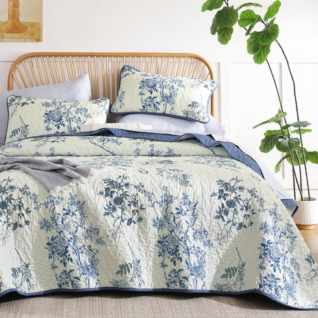 WONGS BEDDING Blue Floral Quilt Set King,Botanical Leaf & Butterfly Pattern Bedspread Coverlet Set,Soft Beautiful Farmhouse Plants Quilts Bedding Set for All Seasons(104"×90") WONGS BEDDING