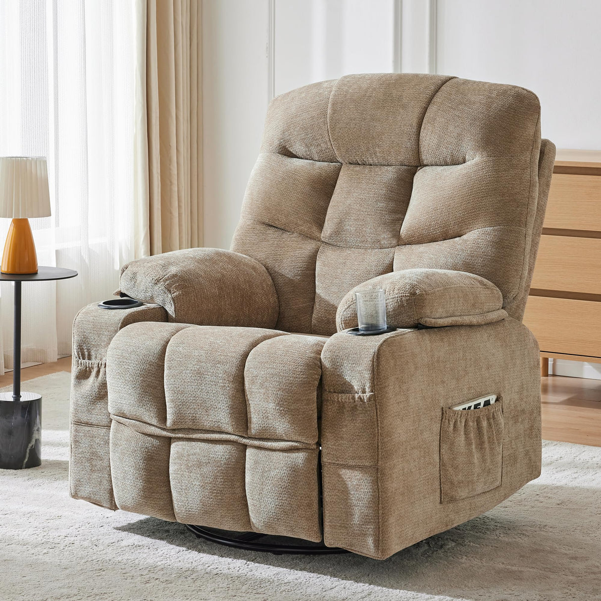 Hicosit Manual 360°Swivel Rocker Recliner Chair,Single Recliner Seat with Cup Holders,Recliner Chairs for Adults, Upholstered Fabric Lazy Boy Recliner for Bedroom,Living Room,Brown Hicosit